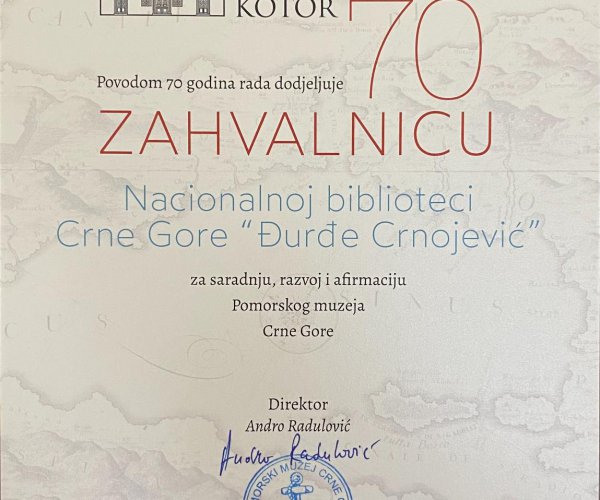 THANK-YOU NOTE TO THE NATIONAL LIBRARY OF MONTENEGRO FOR THE COOPERATION, DEVELOPMENT AND AFFIRMATION OF THE MARITIME MUSEUM OF MONTENEGRO