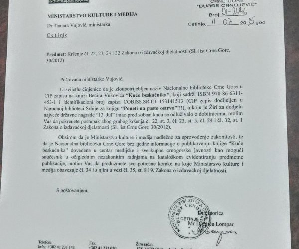 NLM “ĐURĐE CRNOJEVIĆ” SUBMITTED AN OFFICIAL REPORT TO THE MINISTRY OF CULTURE AND MEDIA REGARDING THE MISUSE OF ITS NAME